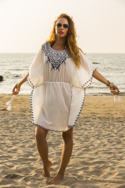 White Kaftan with blue embroidery neck work