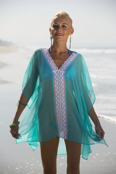 Sea green poly georgette kaftan with lace on front