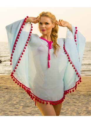 Turq Kaftan with Fushia pom pom