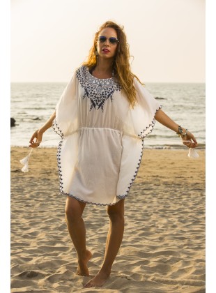 White Kaftan with blue embroidery neck work