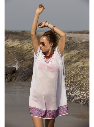 White Cover up with neck emb & tassels