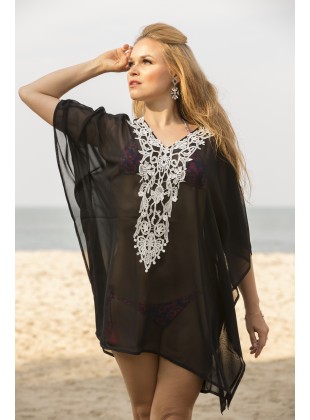 Black georgette kaftan with neck patch