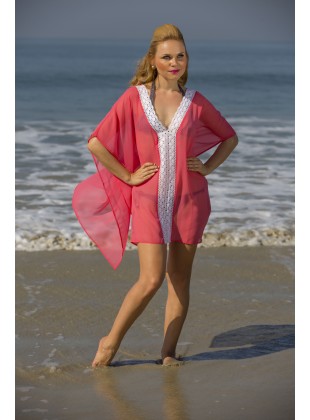 Coral  poly georgette kaftan with lace on front