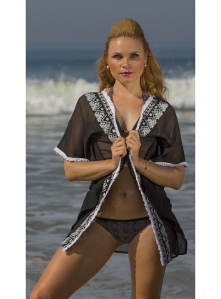 Black georgette kaftan with white embroidery.