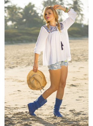 Rayon crape top with embroidery. Bluen brwon 