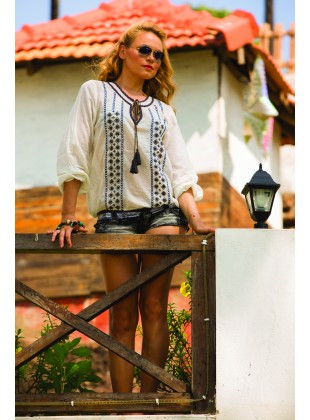 Rayon top with olive blue embroidery