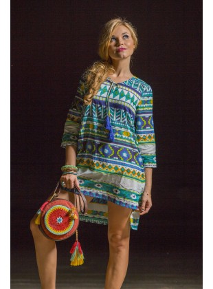 Aztec print neck drawstring tunic