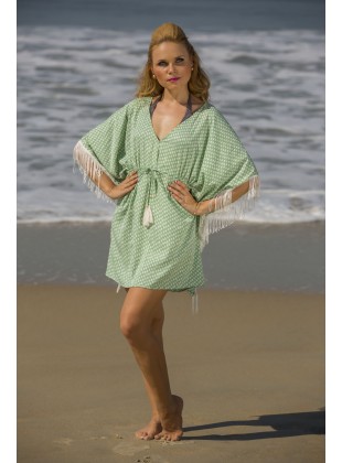 Polycrape greendot print drawstring kaftan