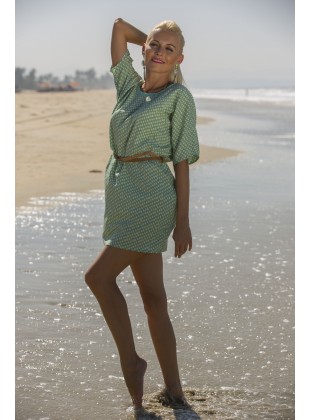 Polycrape green dot print dress with belt