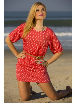Polycrape coral dot print dress with belt