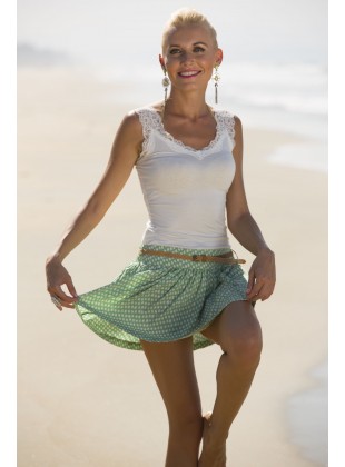 Polycrape green dot print short skirt with belt
