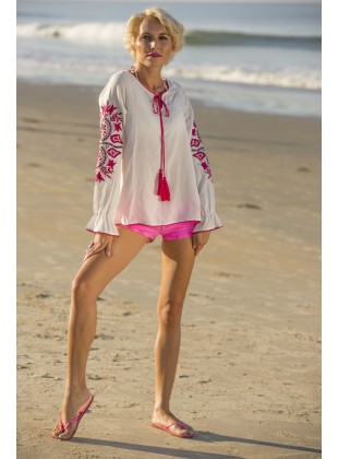 Ecru rayon top with fushia embroidery