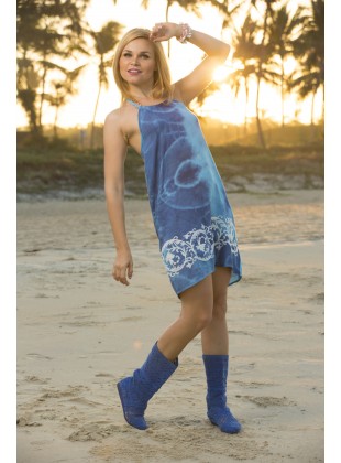 Turq tie die rayon short dress with aari embroidery.
