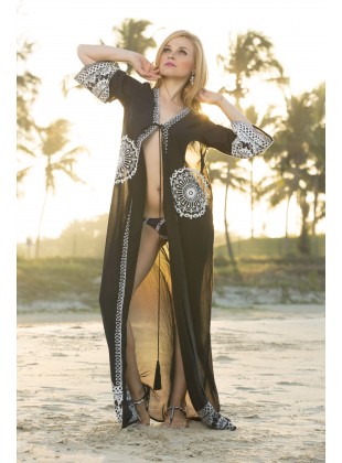 Black long kaftan with heavy aari embroidery.