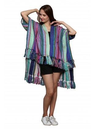 Neon blue & fushia jaquard fringes kimono