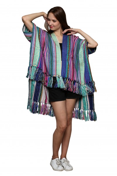 Neon blue & fushia jaquard fringes kimono